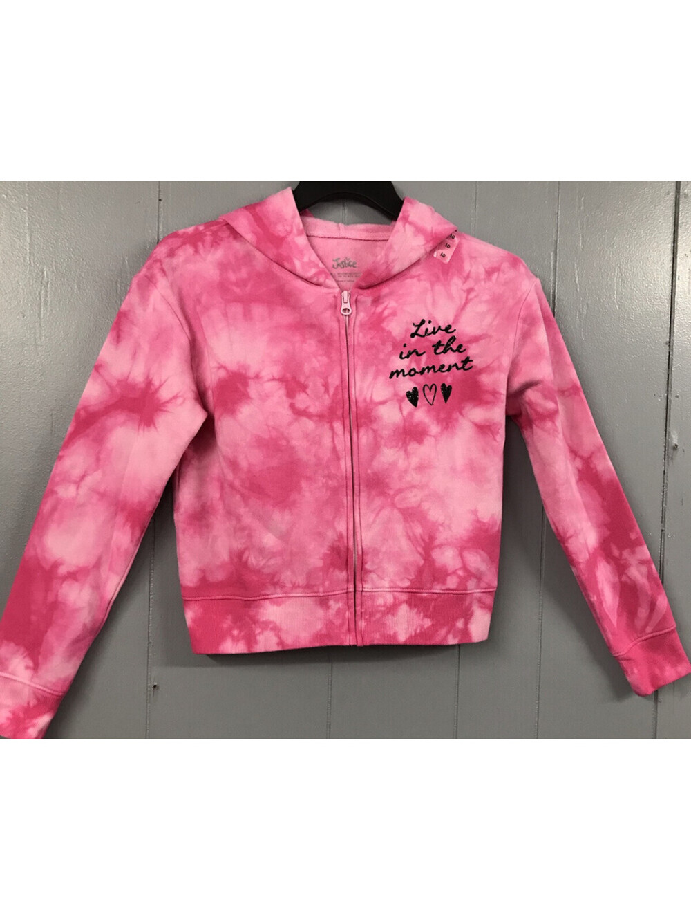 Justice Hoodie. Pink Tye Dye. “Live in the Moment” on Chest. Size Girls 10. NWT